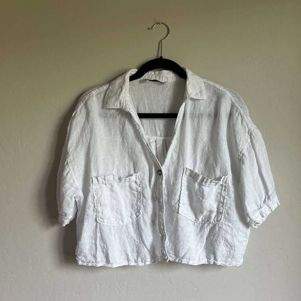 Zara white linen button up cropped shirt size Large